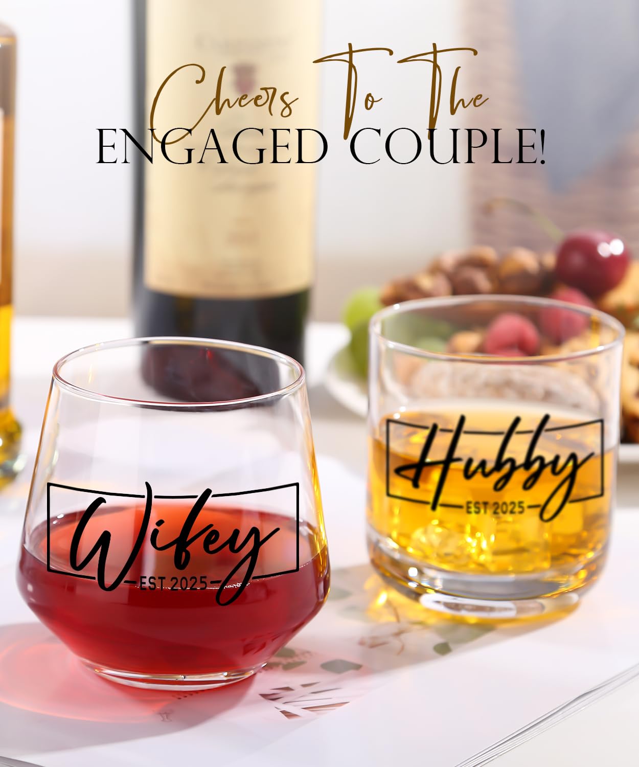 comfit Wedding Gifts for Couples,Hubby & Wifey EST 2025 Wedding Glass Set,Bridal Shower Gifts for Bride and Groom, Newly-Married Anniversary for Him/Her，Mr and Mrs Gift