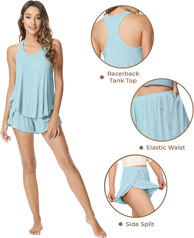 NACHILA Pajamas for Women-Viscose from Bamboo, Ribbed Racerback Tank Top Sexy Split Shorts Pajama Sets Cooling Sleep Cami Pjs