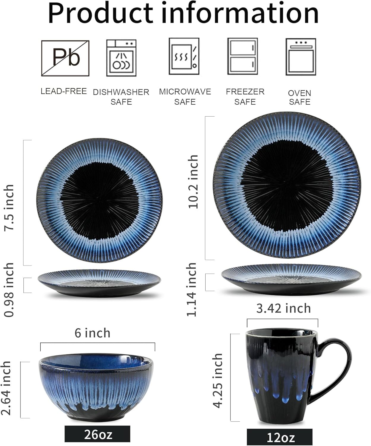 KOOV Ceramic Dinnerware Set of 16, Plates, Bowls, Cups for Party, Microwave & Dishwasher Safe, Reactive Glaze (Nebula Blue)
