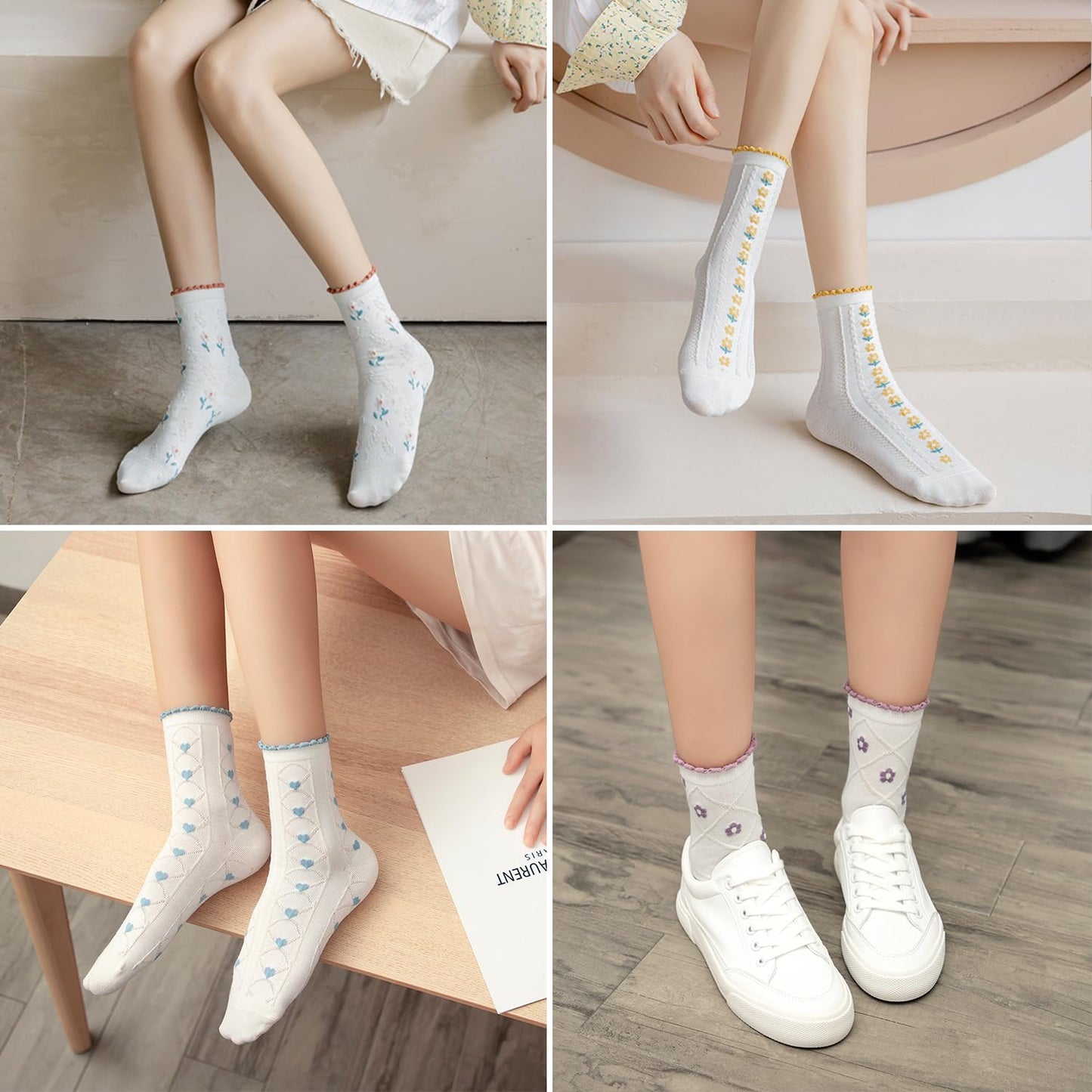 albagu Womens Crew Cute Socks Cotton Thin Breathable Casual Sock for Women Novelty Funny Flower Dress White Socks 5 Pack