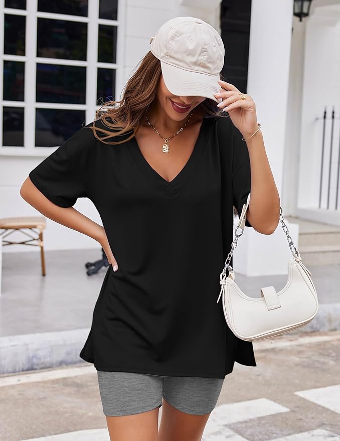 Ekouaer Womens Pajamas 2 Piece Lounge Sets Oversized V Neck T-Shirts Tops Biker Shorts Set Workout Reversible Tracksuit S-XXL