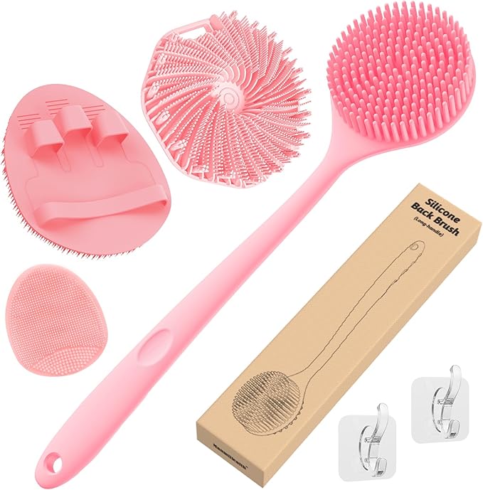 Manmihealth Silicone Back Scrubber & Soft Bath Glove Set 4 PCS(Thick Bristles), Super-Exfoliating Body Scrubber & Super-Lathering Shower Brush Combination, with 2 Free Hooks (Pink)