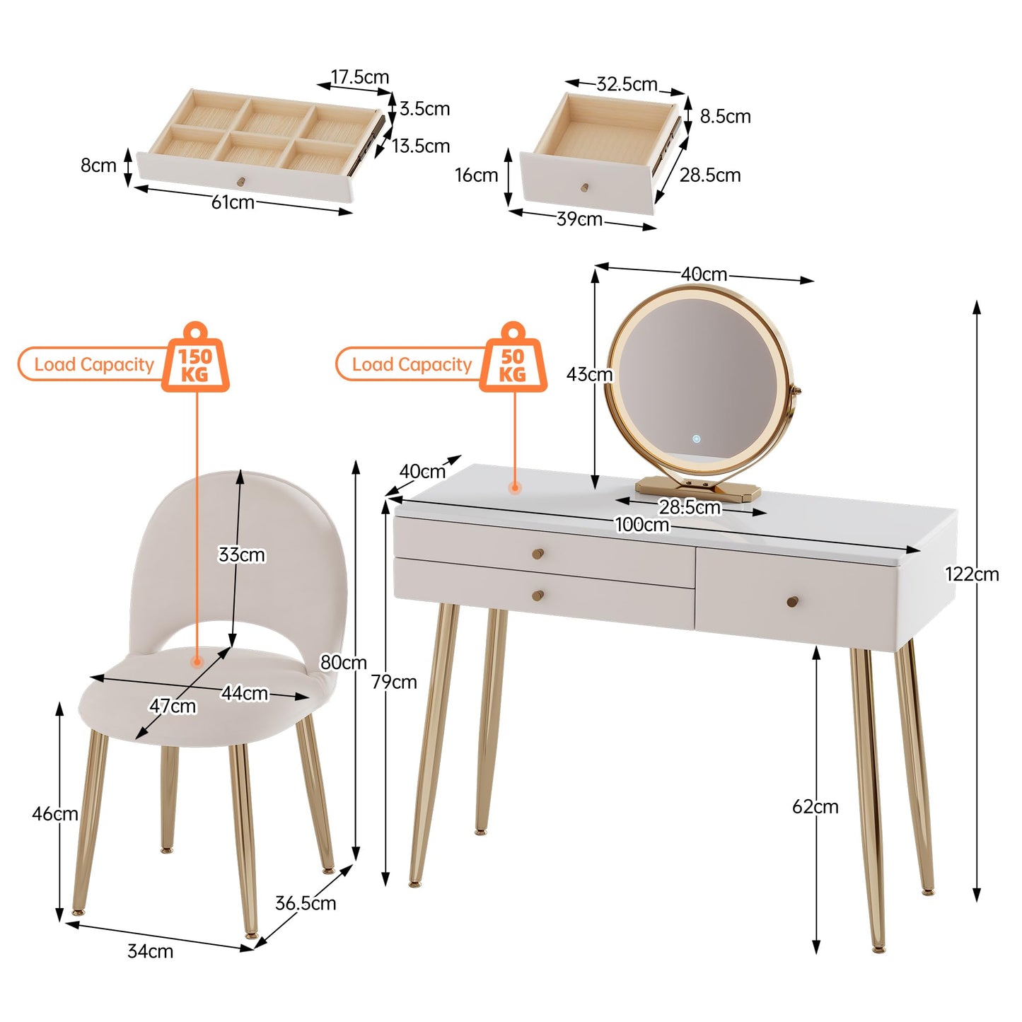 KDCAS Vanity Desk with Mirror and Lights| 39" Beige Modern Makeup Vanity Set with Drawers & Adjustable Chair| White and Gold Dressing Table for Small Spaces & Bedroom