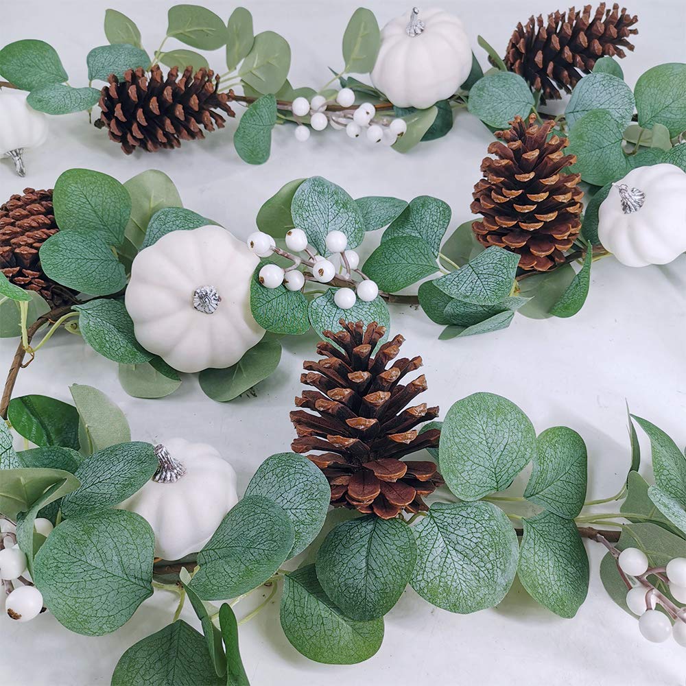 Winlyn White Pumpkin Garland Artificial Eucalyptus with White Pumpkins Pinecones Berries Fall Foliage for Wedding Arch Backdrop Thanksgiving Table Runner Farmhouse Decor 6' Long