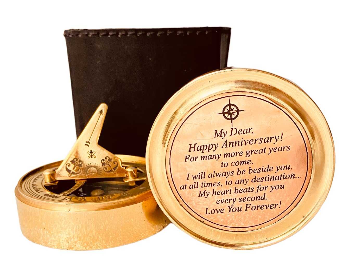 Anniversary Sundial Gift for Him or Her Sundial Clock Compass - Unique Gift for Husband or Wife, Men 1st Wedding Anniversary 50th 40th 25th 20th Year Celebration (Anniversary Sundial Leather Case)