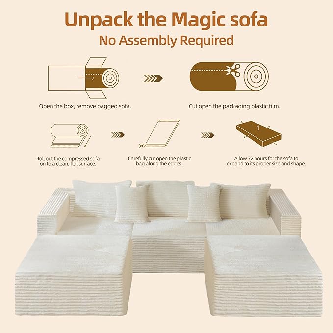 110 Modular Sectional Boneless Sofa with 2 Ottomans, Corduroy U-Shaped Modular Sectional Sofa, Convertible Cloud Couch with Deep Seats, No Assembly Required (White, 110" 3Seat+2 0ttoman)