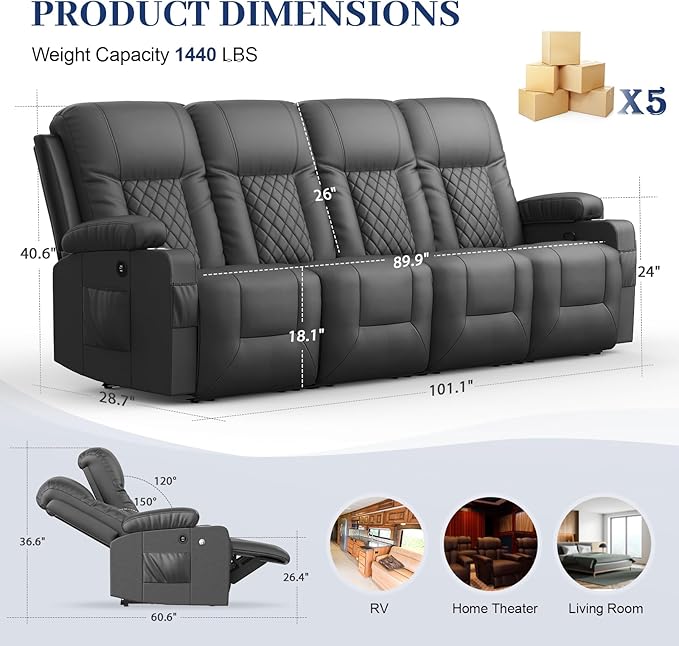 FURNIMAT Oversized Recliner Sofa, 4 Seats Dual Reclining Sofa, PU Leather Loveseat Couch, Modern Recliner Chair for Living Room, with Cup Holder and 2 Cell Phone Holders, USB Ports, Gray