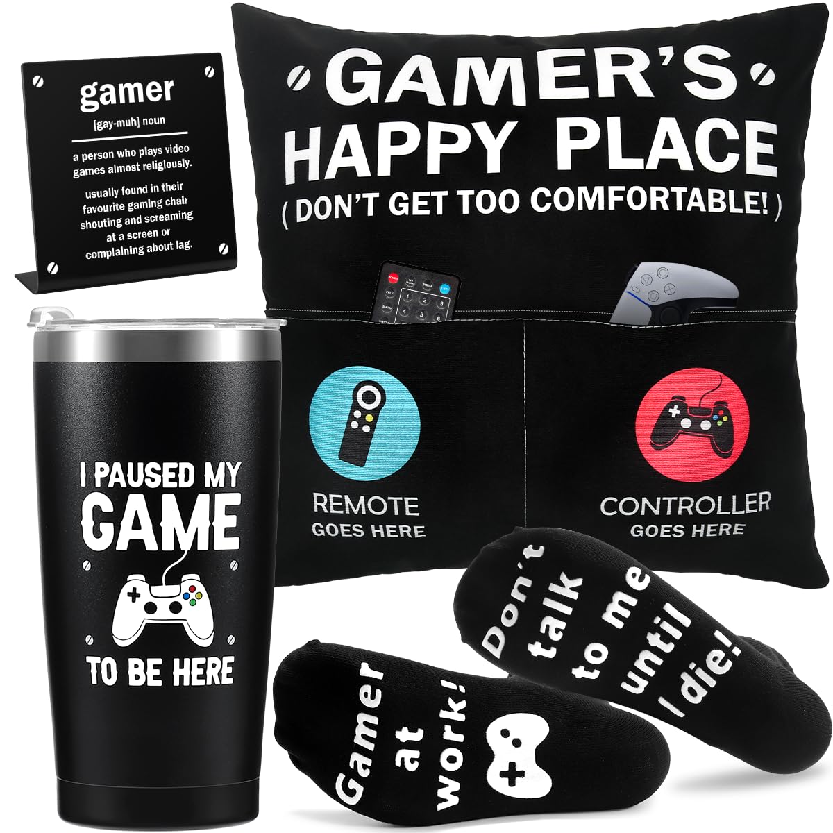 Gamer Gifts for Men Boyfriend Teenage Boy Birthday Christmas Gifts Box Year Old Kids Son Easter Basket Stuff Game Room Decor Valentines Gaming Gift for Him Man Video Game Lover Gamer Tumbler+Pillow