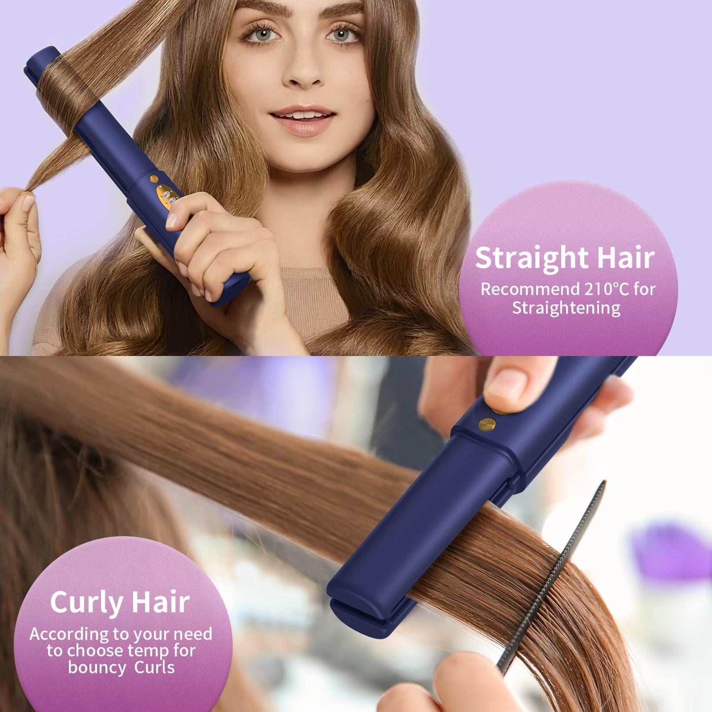 Cordless Hair Straightener & Curler 2 in 1, Mini Wireless Flat Iron, Portable, Rechargeable, Travel Size (Blue)