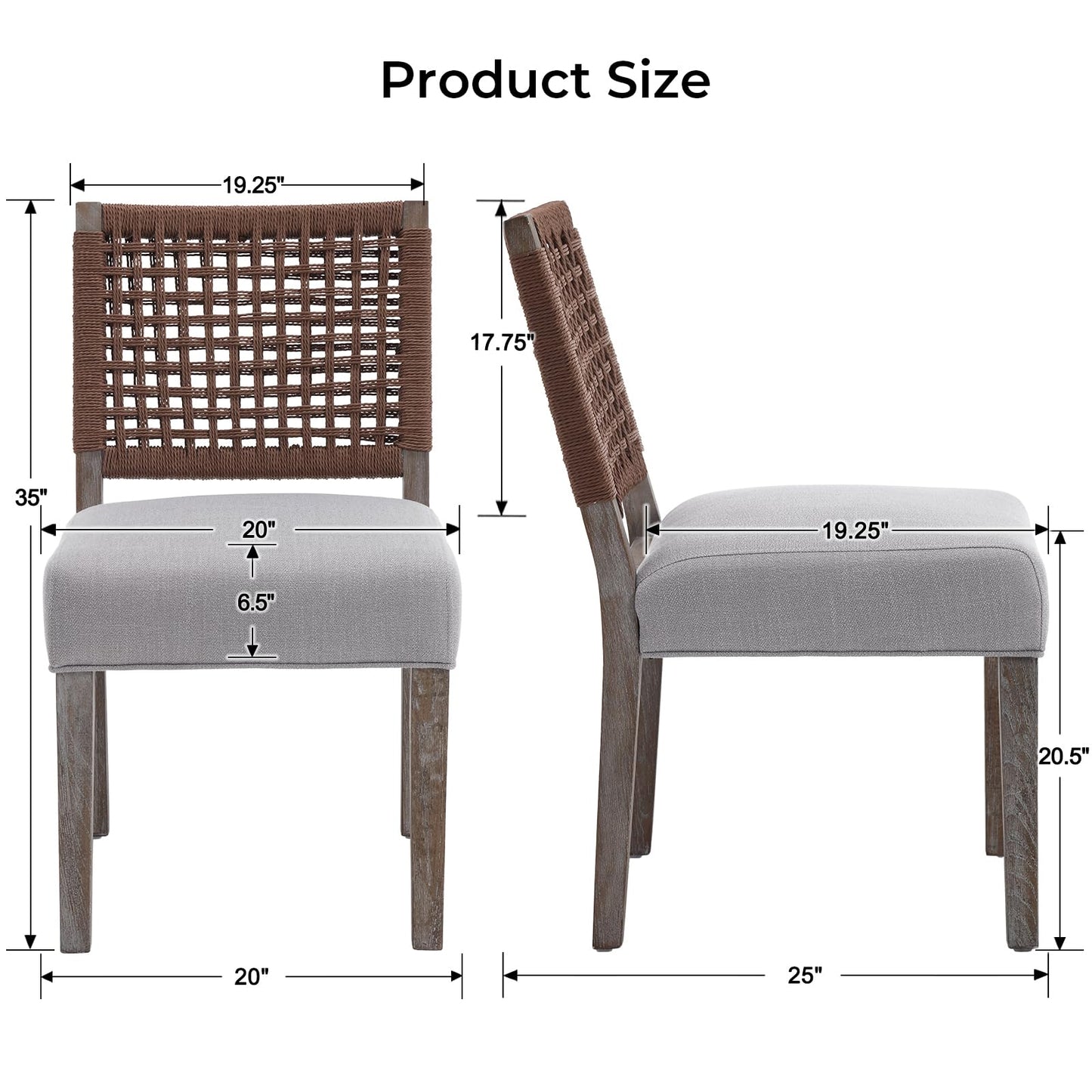 LZAREAL Farmhouse Dining Chairs Set of 2 Linen Fabric Upholstered Accent Side Chair, Mid Century Modern Kitchen & Dining Room Chairs with Woven Rope Back for Home, Living Room, Bedroom - Grey