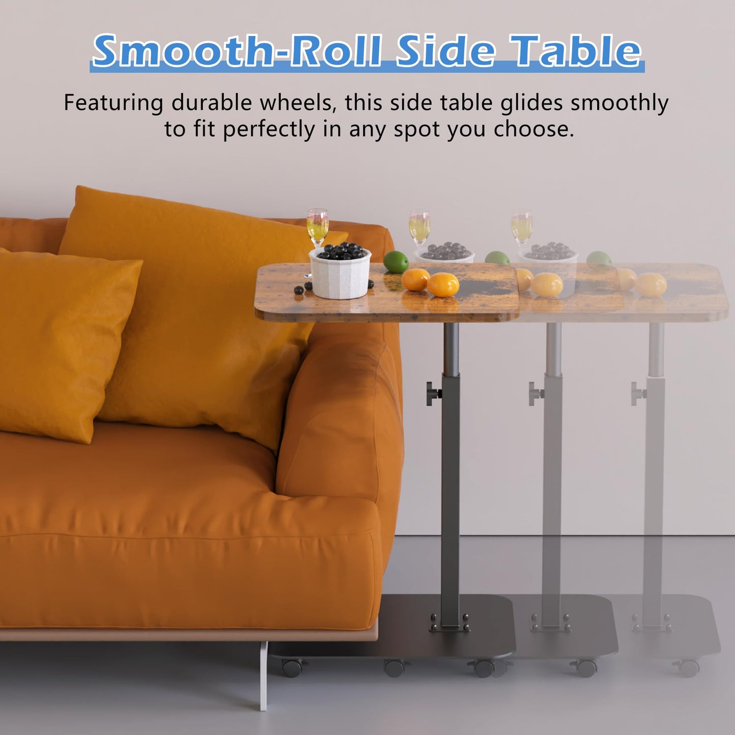 TV Tray Table Heavy Metal Base with Wheel Swivel/Adjustable Height Couch Table, Sofa Arm End Side Table for Living Room and Bedroom, Bed or Small Spaces