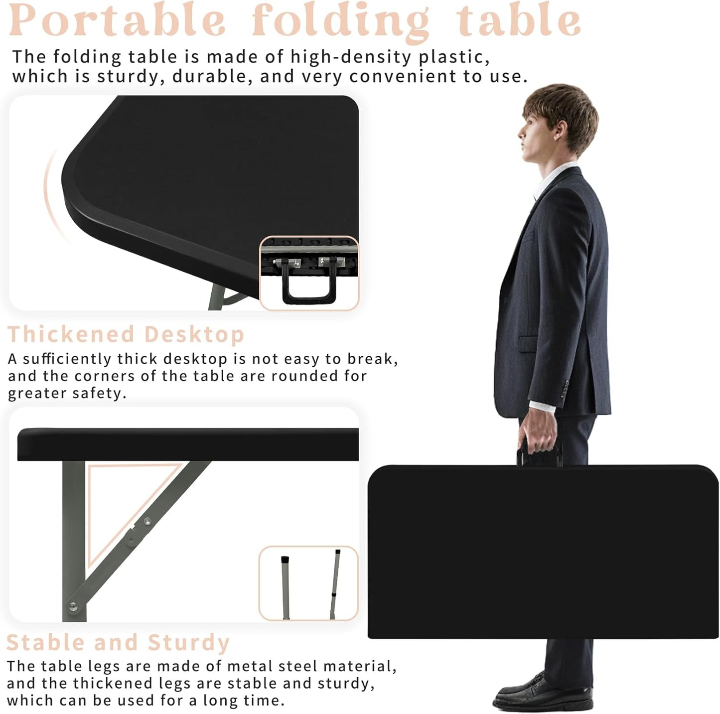 34" Square Folding Table,Multi-Functional Portable Folding Card Table with Carrying Handle for Indoor Outdoor Camping,Picnic, Office, Party Use, HDPE Plastic Tabletop with Metal Frame(Black)