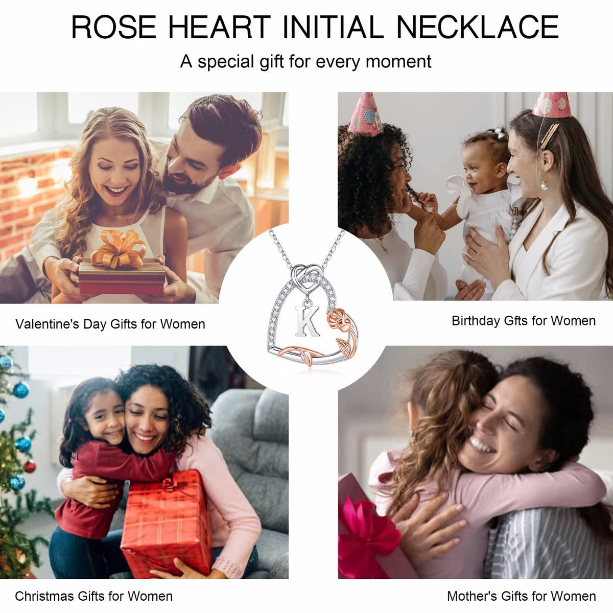 Iefil Rose Heart Necklace, Women's Sterling Silver Initial L Letter Heart Pendant, Anniversary, Valentine's Day, Mother's Day, B