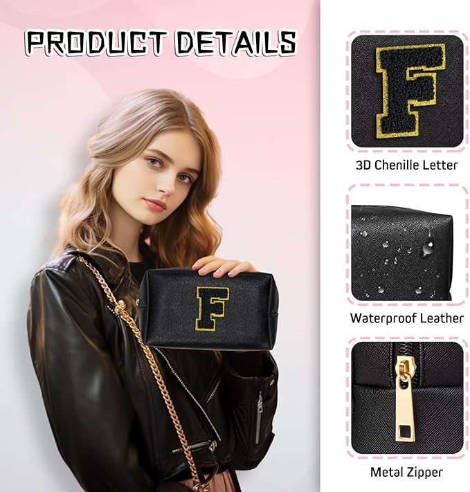 TOPEAST Preppy Makeup Bag, Small Cosmetic Travel Bags for Women, PU Leather Waterproof Toiletry Bag with Zipper, Personalized Birthday Gift for Women Girl, Preppy Gifts for Girl (Black Z)