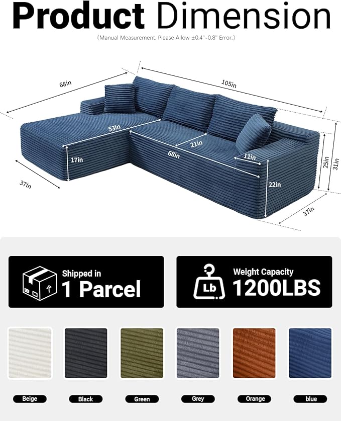 108" Cloud Sectional Couch,Modern Modular Sectional Sofa with Deep Seat,Corduroy Boneless Couches with L-Shape Chaise for Living Room,No Assembly Required (Blue, Left Facing Chaise)