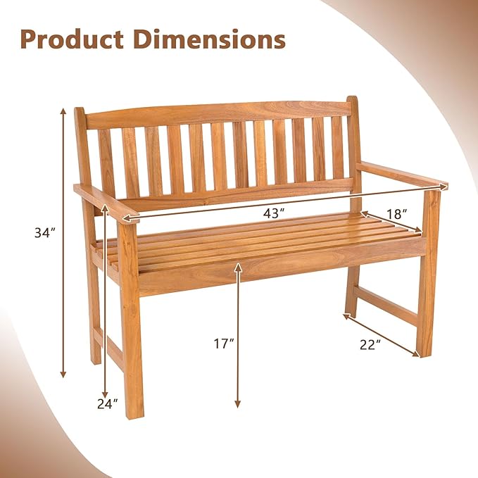 COSTWAY Wooden Bench Outdoor, Sturdy Outdoor Acacia Wood Bench for Garden, Park & Porch, 43”L x 22”W x 34”H, Teak