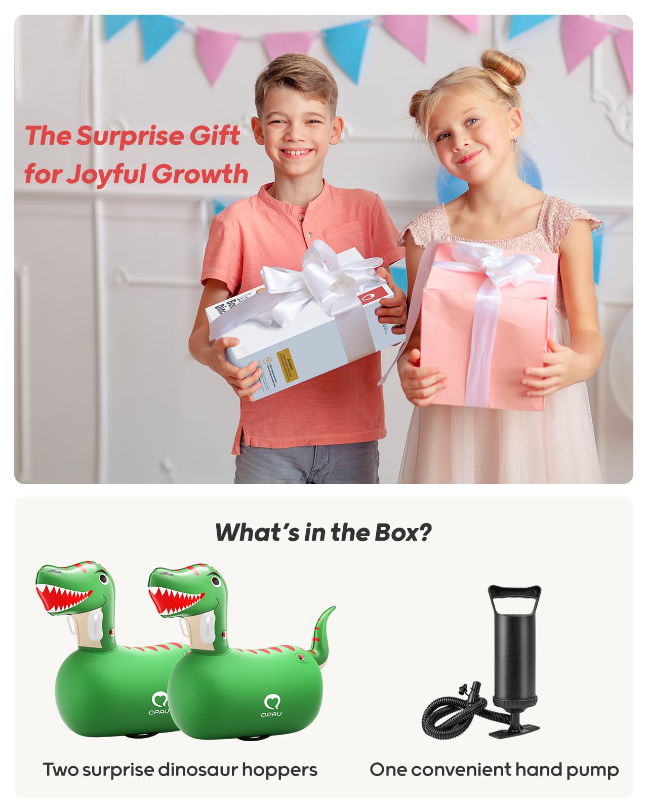 QPAU Inflatable Bouncy Dinosaur Toys 2 PCS with Hand Pump, Heavy Duty Giant Bouncy Pal, 220lbs Load Capacity, Ride On Bouncy Animal Hopper Toy, Indoor Outdoor Bouncers for Kids Girls Boys Ages 5+