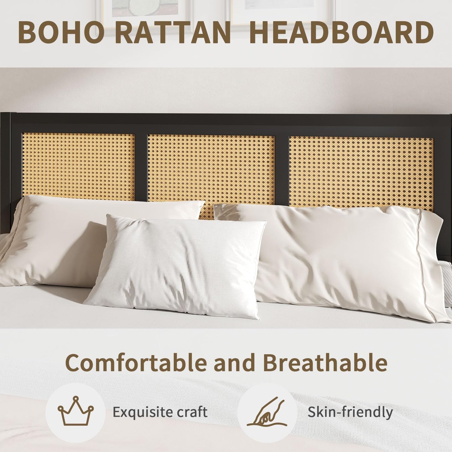 CHABUILDREARK Rattan Bed Frame King, Boho King Bed Frame and Headboard, Metal Platform King Size Bed Frame with Strong Slats Support, No Box Spring Needed, Noise-Free, Easy Assembly, Black