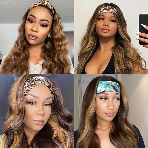 Ombre Headband Wig Human Hair for Black Women 20 Inch Body Wave Honey Blonde #4/27 Highlight Wear and Go Glueless Machine Made None Lace Front Colored