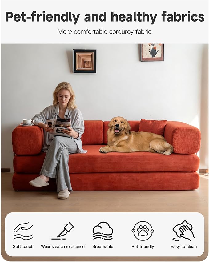 No Assembly Convertible Sofa Bed & 79" Boneless Couch with Pocket , 5-in-1 Futon Sofa Bed with 2 Pillows Modular Pull Out Couch Bed with Frame,Compression in Box for Living Room Small Spaces Orange