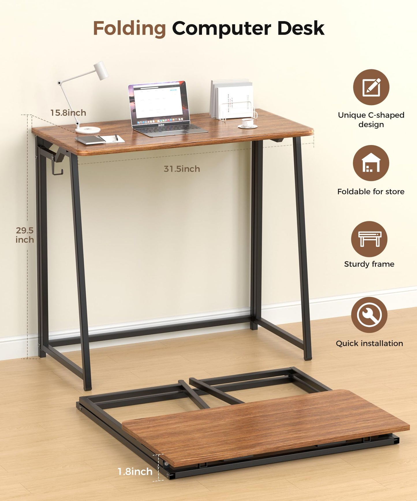 POLWKZU Folding Desk Small Foldable Desk for Small Space, 31.5 Inches Writing Computer Desks in Study, Home Office Foldable Office Desks for Bedroom, Rustic