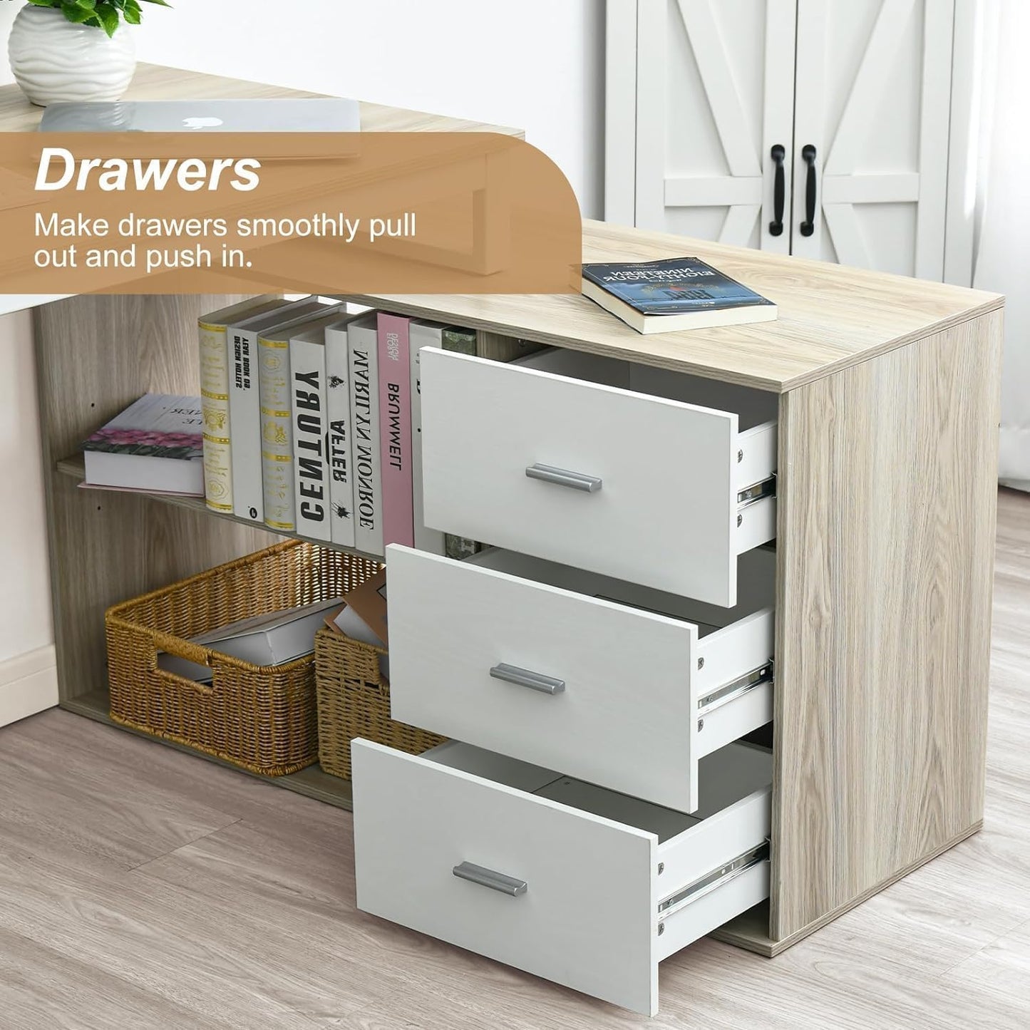 MaverickFurni 55 Inch Reversible L Shaped Computer Desk with 3 Drawers, Corner Desk with Storage Shelves and Removable Monitor Stand, White and Walnut