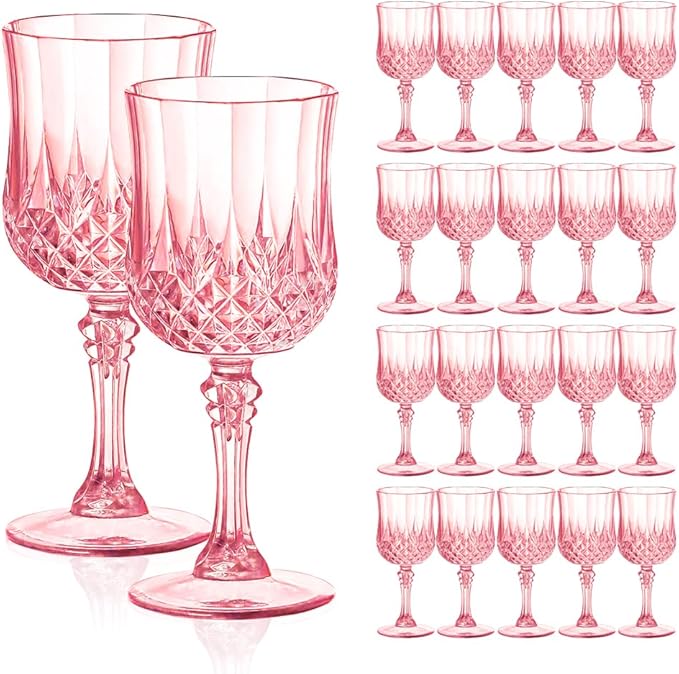 Deritec Plastic Goblets Plastic Wine Glasses 24 PCS, 7oz Pink Goblets Glassware Disposable Cups for Wedding Reception, Gra...