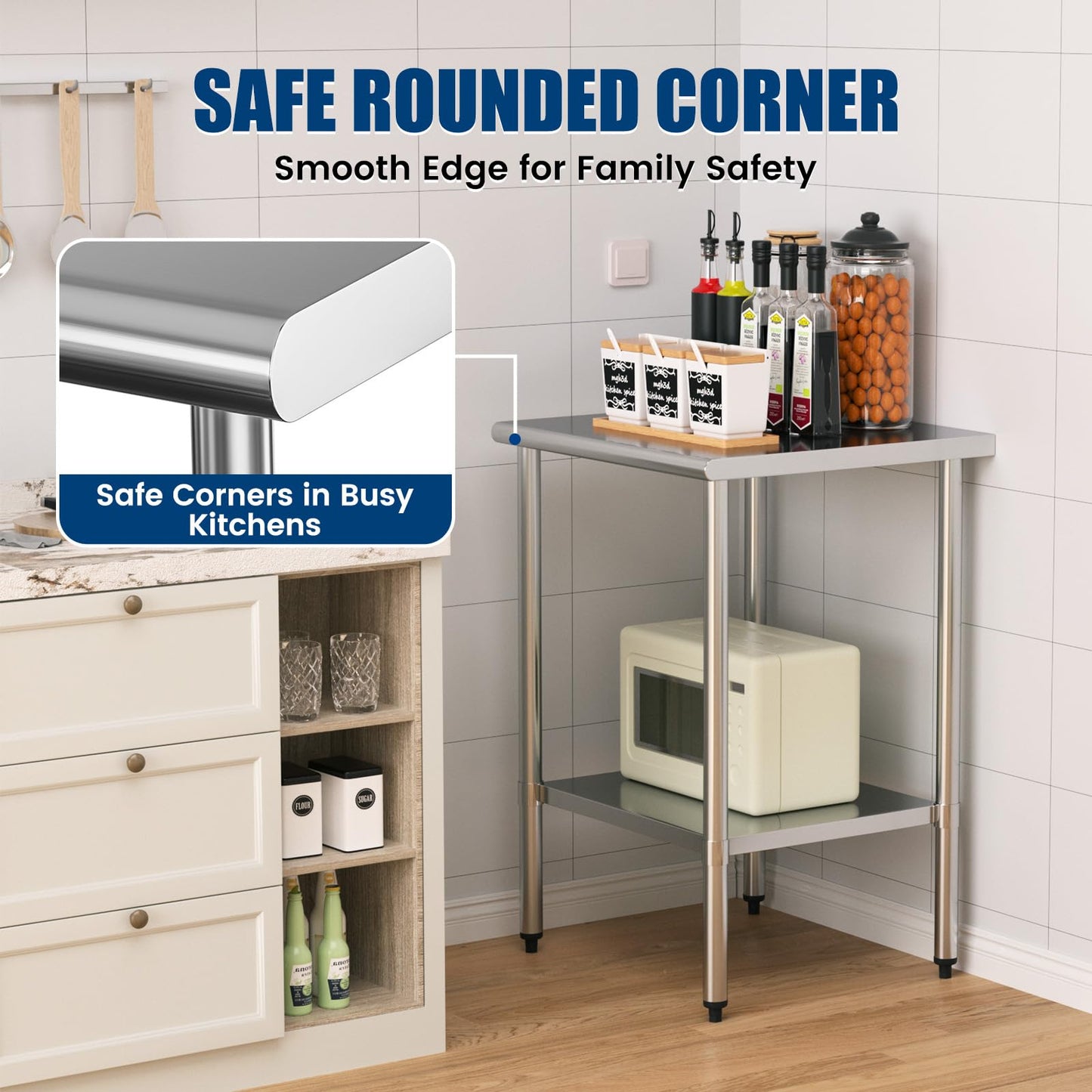 Stainless Steel Work Table 24 x 24 Inch with Adjustable Undershelf, Heavy-Duty Metal Prep Table for Commercial Kitchen & Restaurant, Garage, Outdoor