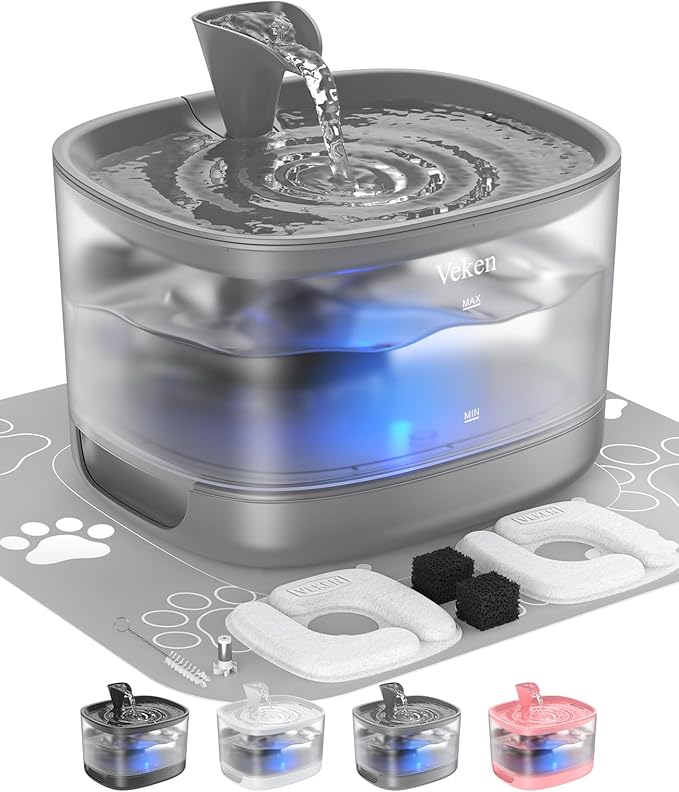 Veken Cat Water Fountain with Detachable Tank, Easy to Clean & Assemble, 84oz/2.5L Pet Drinking Dispenser with Quiet Opera...
