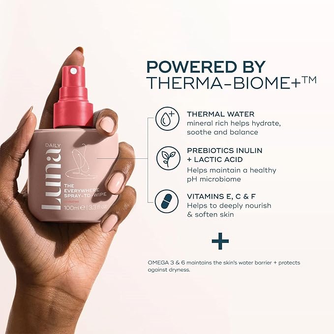 Luna Daily Body Cleansing Spray | Hydrating Feminine & Body Mist with Soft Cotton Scent | pH-Balanced, Gentle & Moisturizing | For Intimate Care, Underarms & Travel Freshness, 100ml