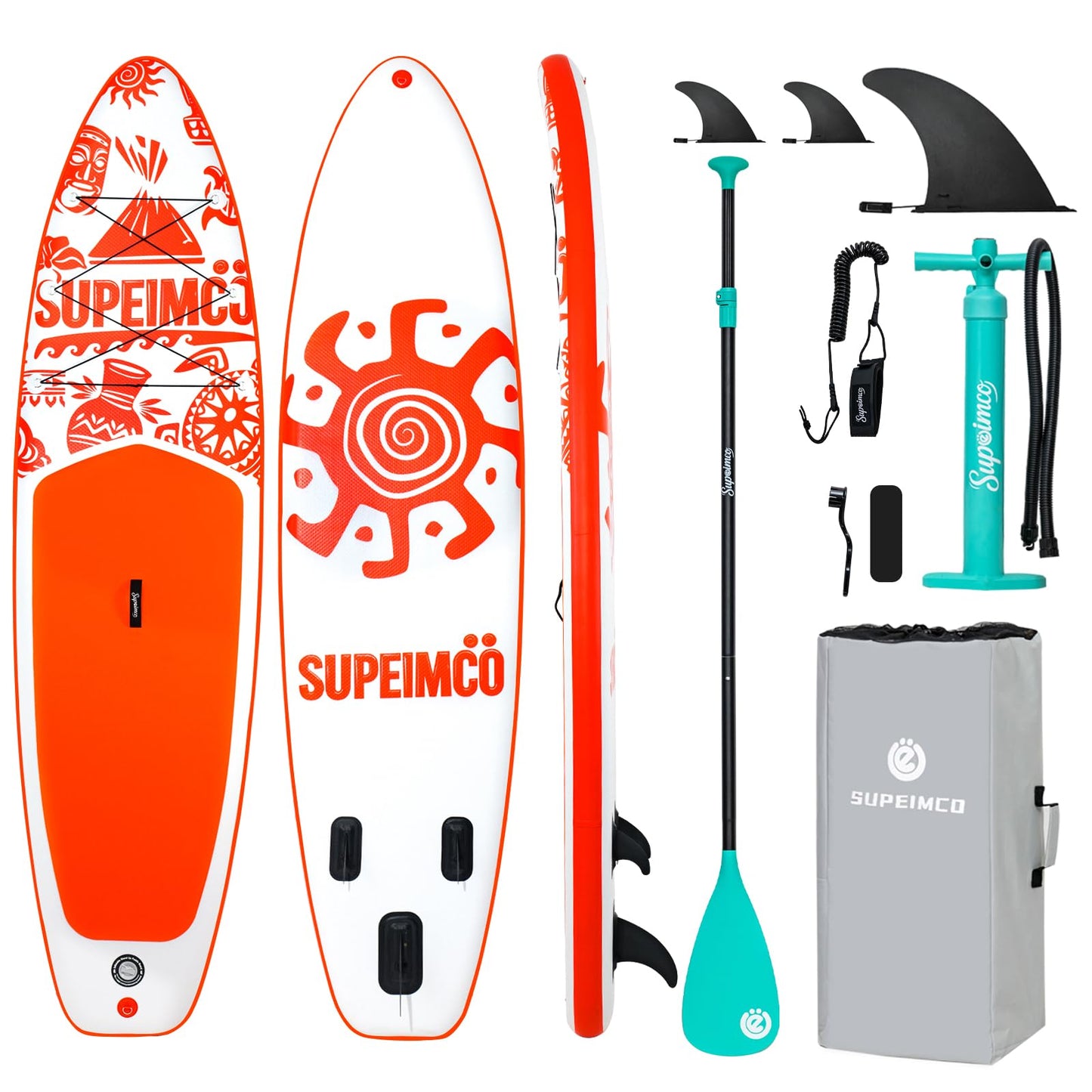 SUPEIMCO 11' Inflatable Stand Up Paddle Board - Upgraded Hot Melt Tech, Anti-Slip EVA Deck, Full Accessories for All Skill Levels (Adults & Youth) (Tribal Sunburst Orange)