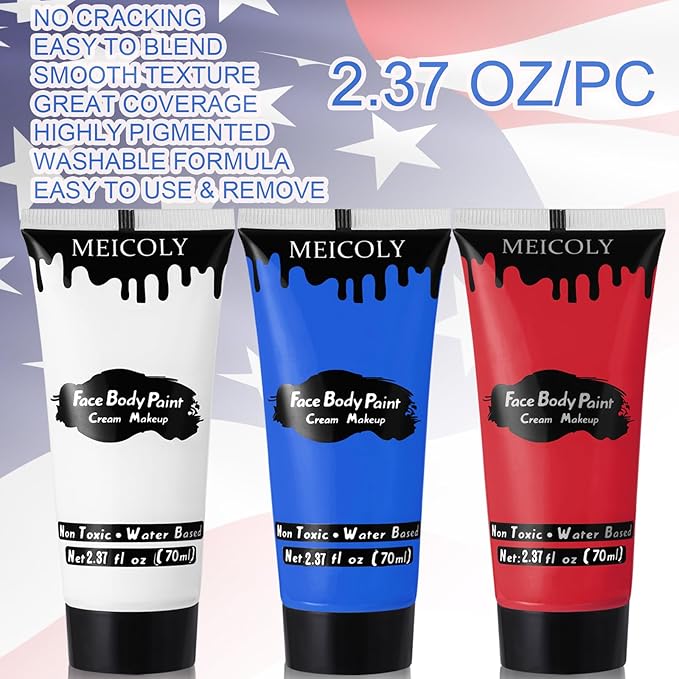 MEICOLY Red White Blue Face Body Paint with Setting Powder and Sponges,Water Based Face Paint for Halloween SFX Clown Devil Spiderman Cosplay Makeup,4th of July Body Paint