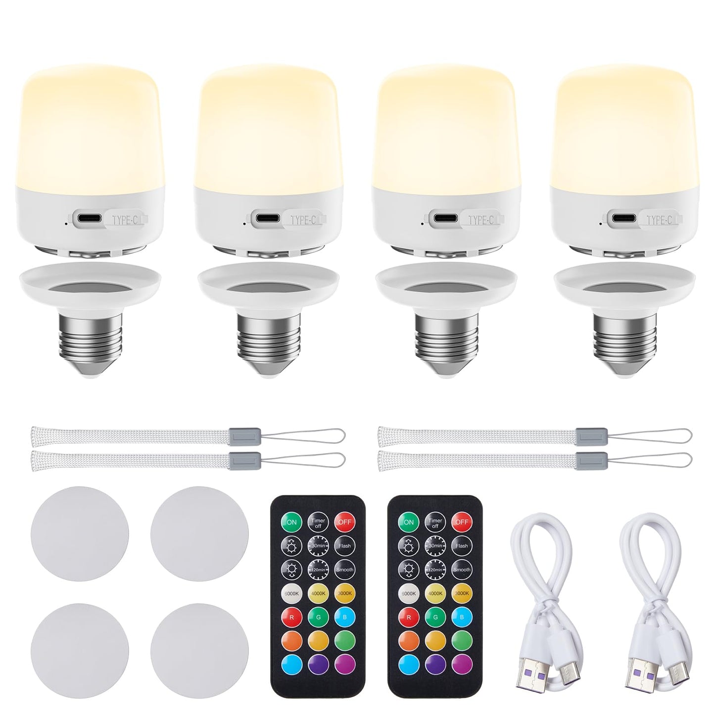 Minetom E26 Rechargeable Light Bulbs with Remote and Timer, Battery Backup Bulb with 12 Colors and Brightness Dimmable, 2300mAh 40W Equivalent LED Light Bulbs for Lamps Sconces Camping, 4 Pack