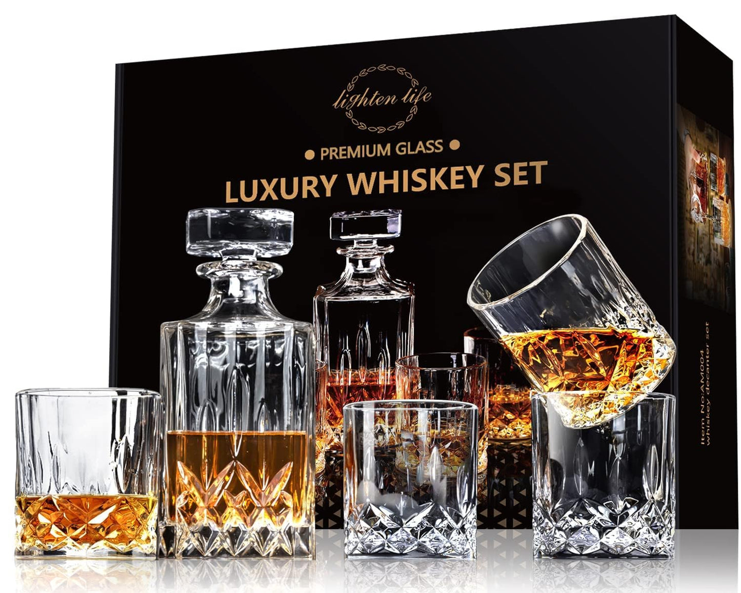 LIGHTEN LIFE Crystal Whiskey Decanter Set for Men - Gift Box With Glasses, Non-Lead Glass for Bourbon and Liquor - Perfect for Dad, Husband, Whiskey Lovers