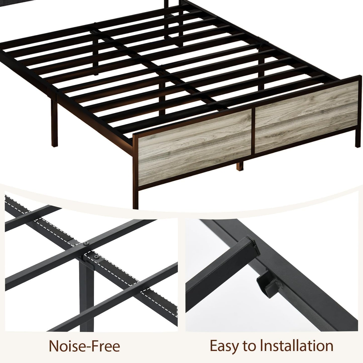 Queen Bed Frame with LED Lights and Charging Station, Upholstered Platform Bed Frame Full with Storage, Strong Metal Slats Support, No Box Spring Needed, Noise-Free, Easy Assembly, Wash Grey