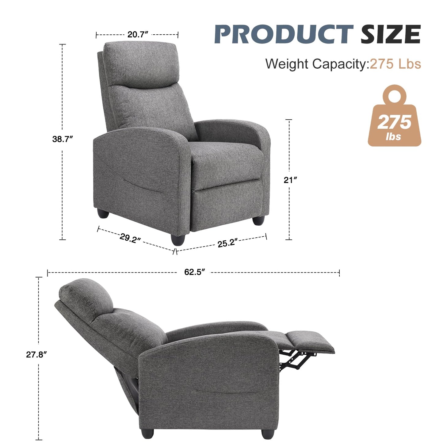 Sweetcrispy Massage Recliner Chair for Adults, Adjustable Home Theater Seating with Lumbar Support for Living Room, Modern Fabric Reclining, Cool Gray