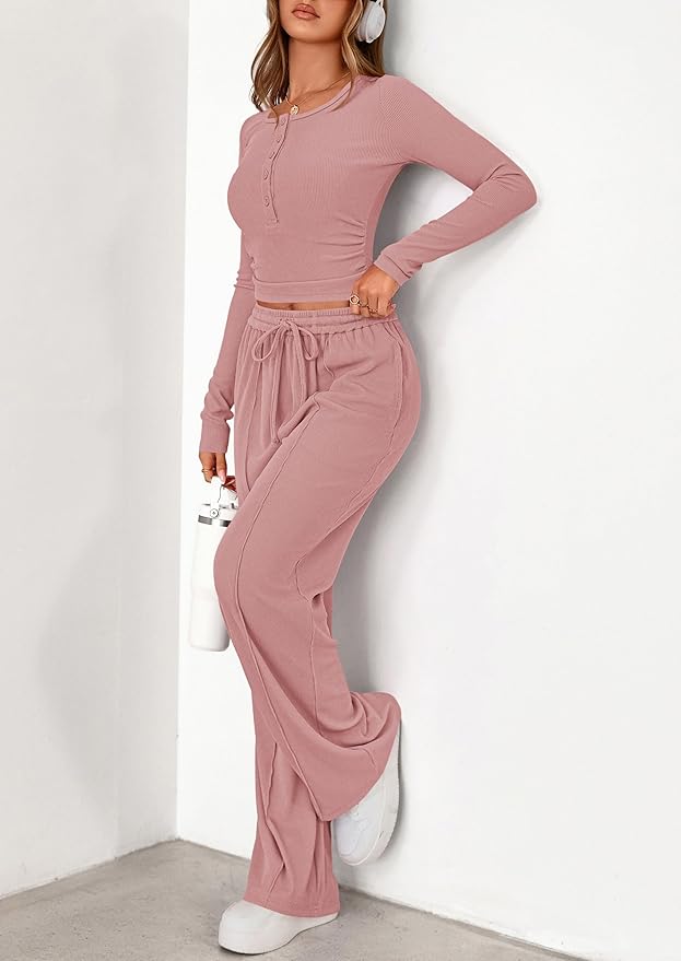 PRETTYGARDEN Women's 2026 Fall Trendy 2 Piece Outfits Lounge Sets Long Sleeve Top Henley Shirts Wide Leg Pants Travel Clothes