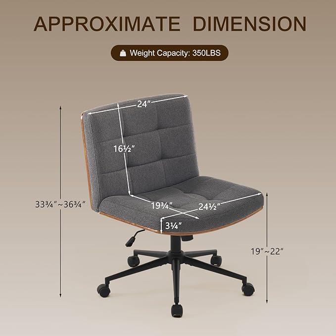 Furnimart FSC Wooden Wide Desk Chair, 360° Swivel Criss Cross Office Chair with Wheels, Comfy Cross Legged Sitting, Armless Height Adjustable Rolling Chair for Bedroom, Office, Vanity (Linen Gray)