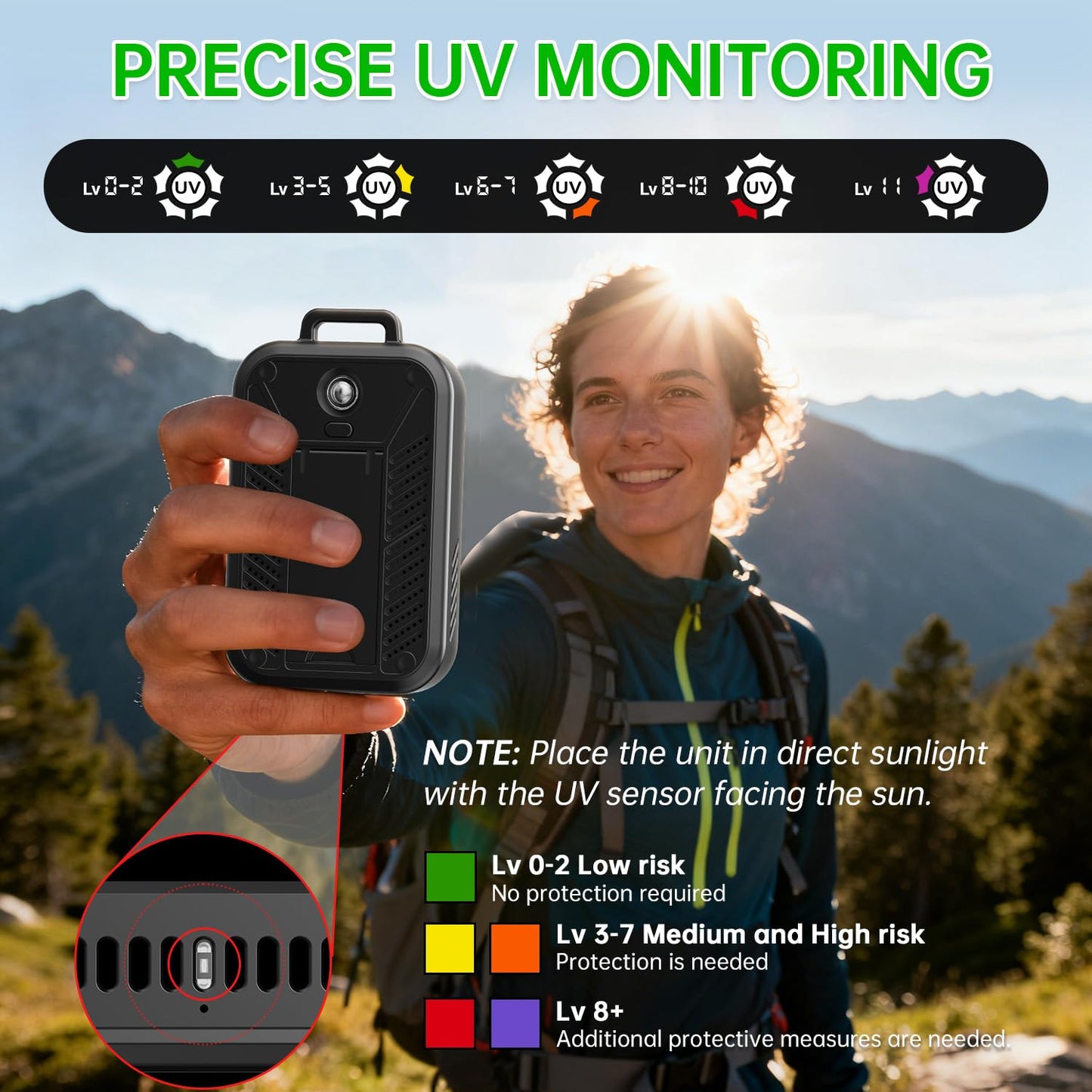 Portable Carbon Monoxide Detector for Travel, 4-in-1 CO Detector with Audible & Visual Alerts, Magnetic Lanyard, LED Light, 220H Standby, CO Monitor/Temp/Humidity/UV Sensor for Camping, Home, RV, Car