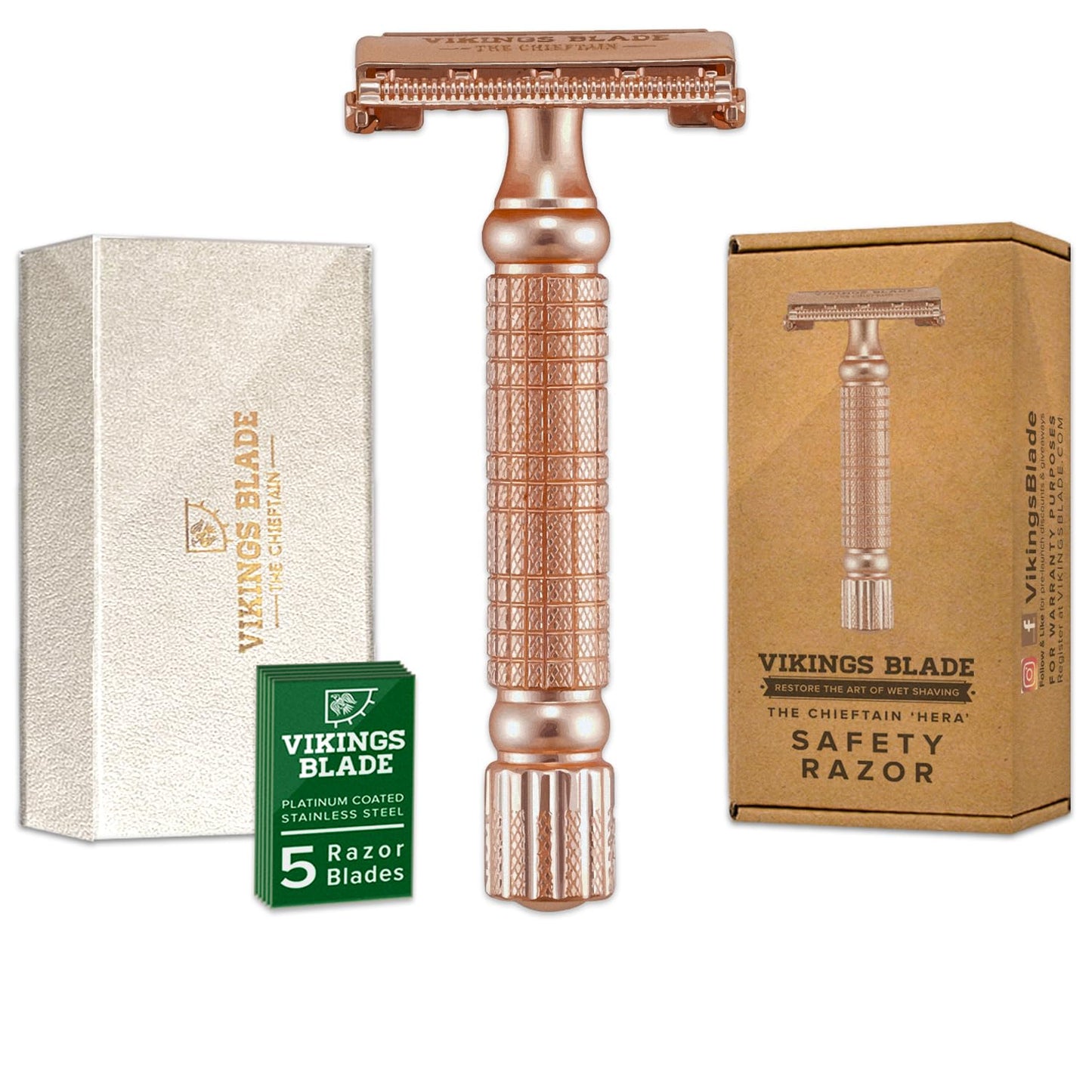 VIKINGS BLADE Double Edge Safety Razor for Men + 5 Swedish Steel Blades + Luxury Case. Smooth, Reusable, Eco-Friendly (The Chieftain)