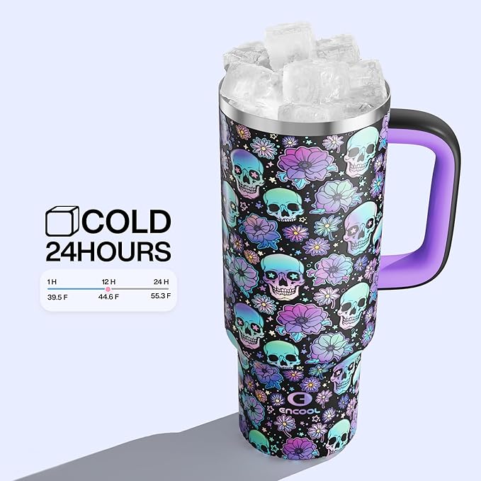 ENCOOL 40 oz Tumbler with Handle and Straw: Stainless Steel Insulated Tumbler Keeps Cold for 24 Hours, Leakproof Travel Cup Fits in Cup Holder and BPA-Free, Floral Afterlife