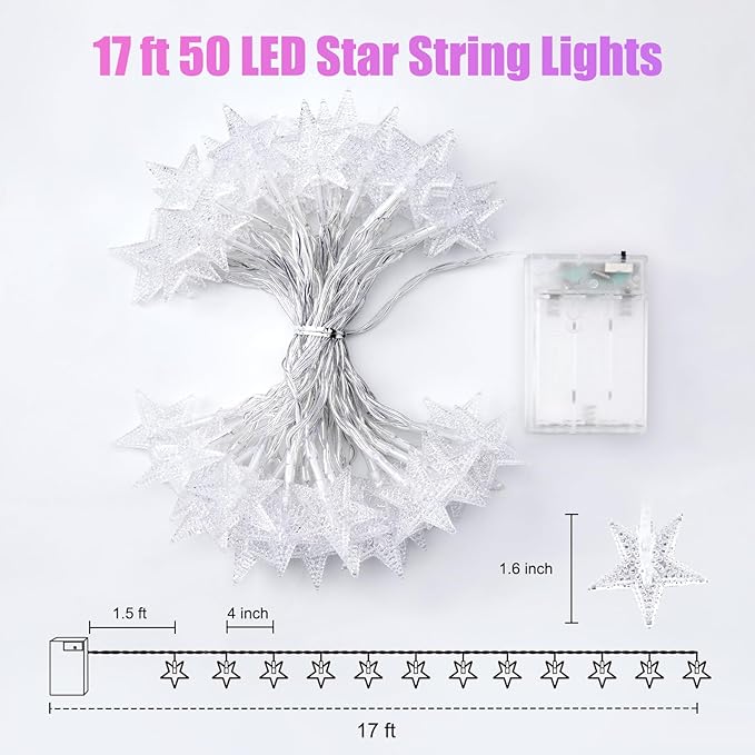 Minetom Star String Lights Battery Operated - 17 ft 50 LED Star Fairy String Lights with Timer, Waterproof for Indoor Bedroom Tent Loft Bed Patio Party Wedding Decor, Multi-Color