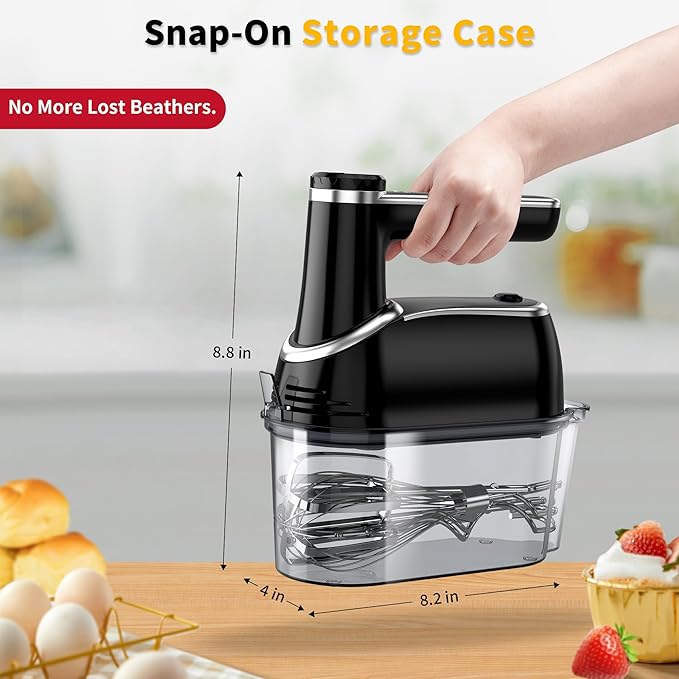 Cordless Hand Mixer, 12-Speed Rechargeable Electric Handheld Mixer with 6 x 304 Stainless Steel Attachments (2 Whisks, 2 Beaters, 2 Dough Hooks) & Storage Case, for Baking, Eggs, Cakes (Black)