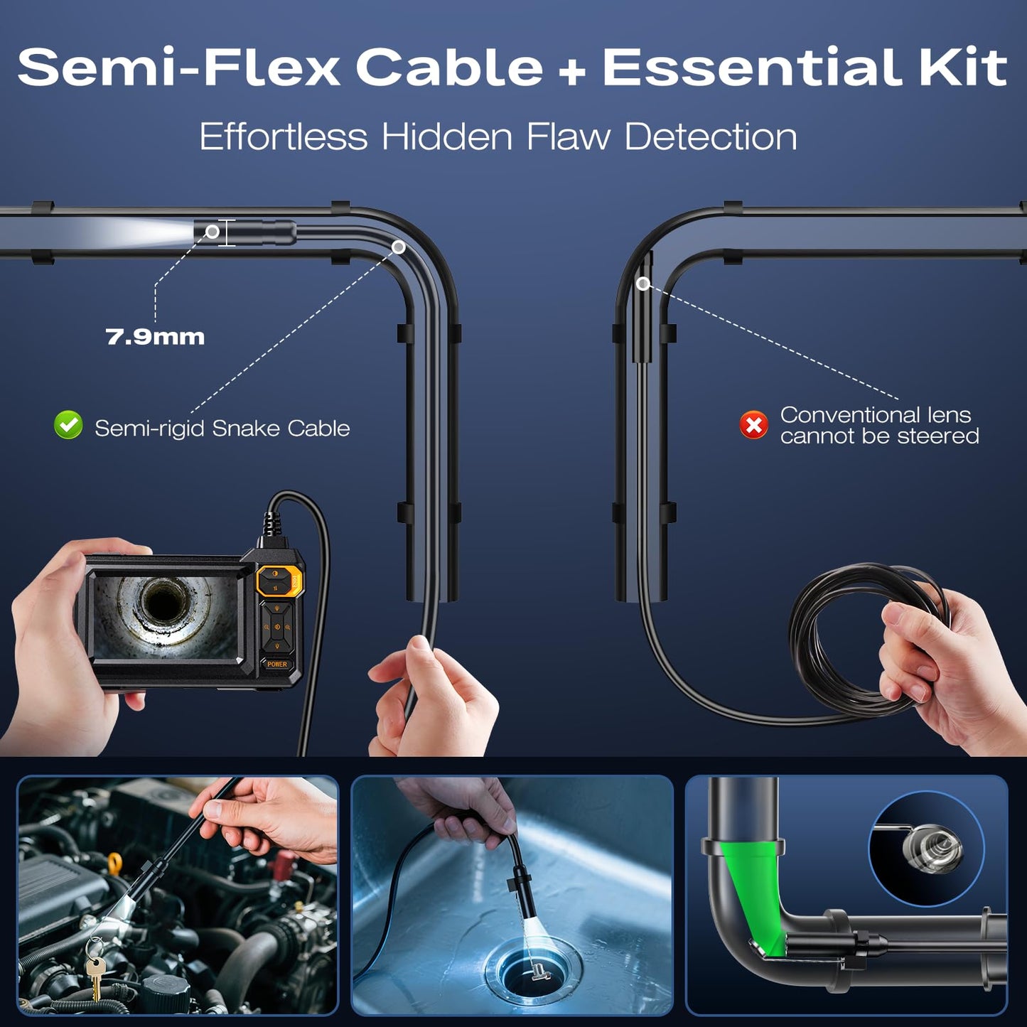 Endoscope Camera with Light, 1920P HD Borescope Inspection Camera with 4.3" IPS Screen, AukonVee IP67 Waterproof with 8 LEDs & 16.5ft Semi-Rigid Snake Camera for Automotive Pipe Tools Gadgets for Men