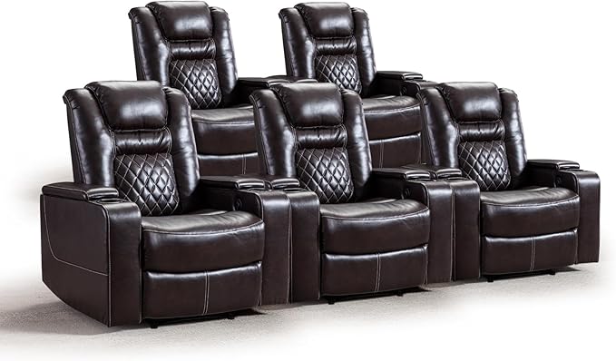 CANMOV Electric Power Recliner Chair Set of 5, Breathable Leather Home Theater Seating with Hidden Arm Storage, Power Recliner Chair for Living Room with USB Ports and Cup Holders,Brown