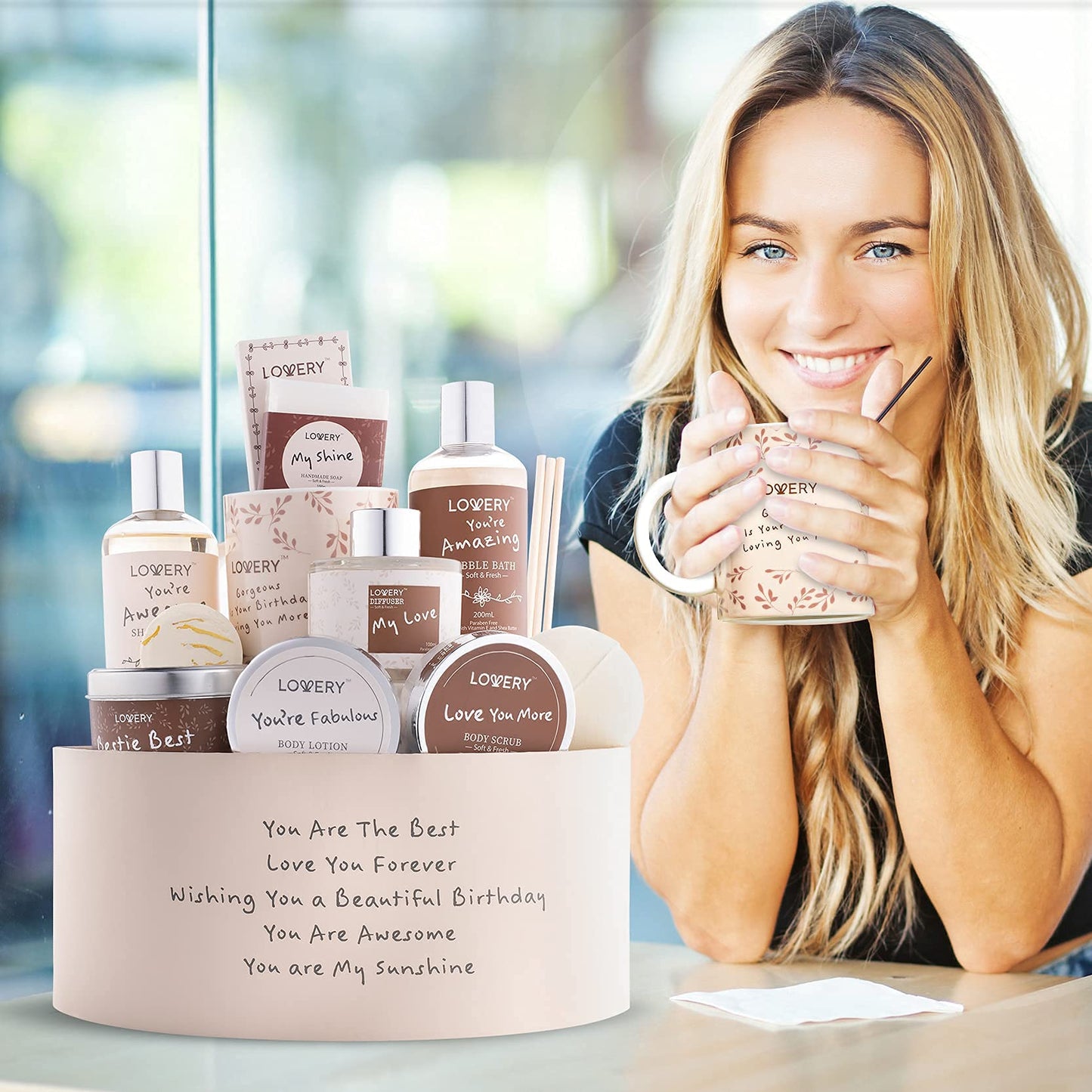 Birthday Gifts for Women, Birthday Gift Basket, Bath and Spa Gift Set for Women, Luxury Birthday Spa Gift Box, Vitamin E & Shea, Rich Bath Essentials in Coconut Scent, Happy Birthday Mug & More