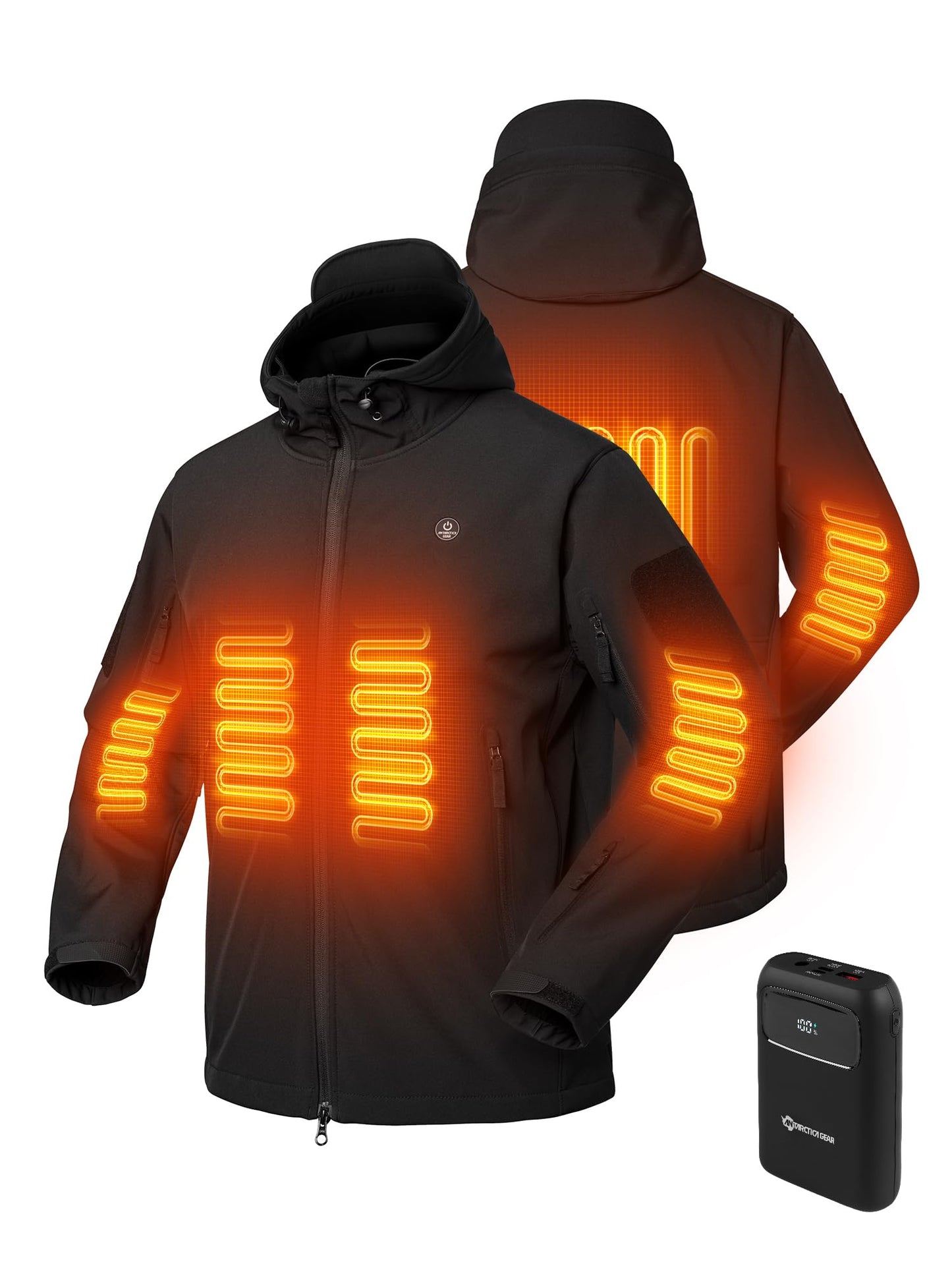 ANTARCTICA GEAR Men's Heated Jacket Winter Soft Shell Heating Hooded Coat with 12V 15000mAh Battery Pack, Water-Resistant Cold Weather Outerwear
