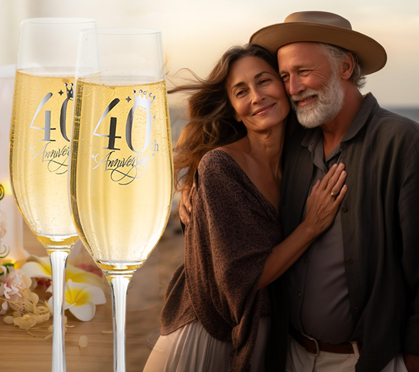 iooiluxry 40th Anniversary Wedding Gifts, Champagne flutes 40th Anniversary Decorations Champagne Glasses with Rhinestones 40th Gift for Married Couples, Relatives, Parents