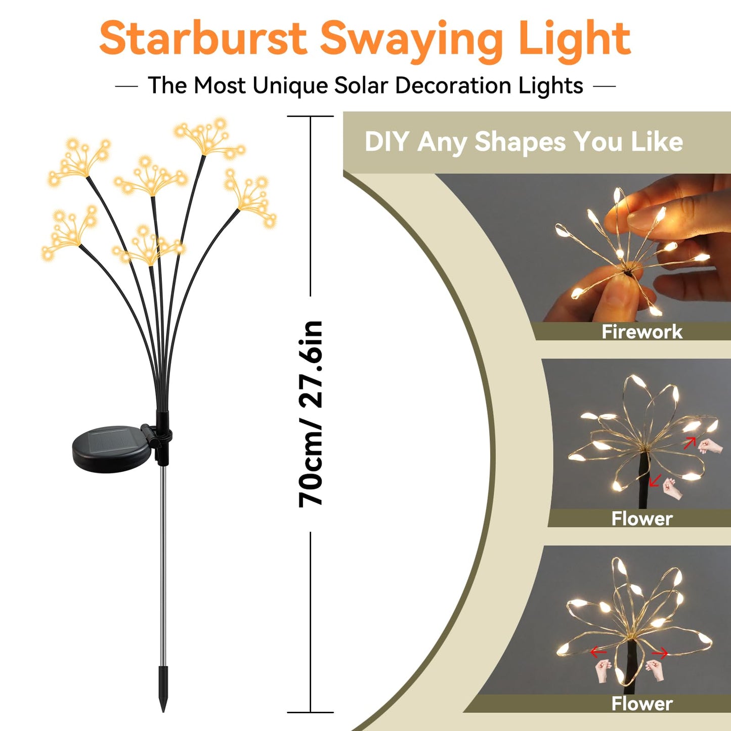Solar Garden Lights 6 Pack Waterproof Solar Swaying Starburst Light Outdoor Lights for Yard Patio Walkway Pathway Party Wedding Christmas Decorative, Warm White