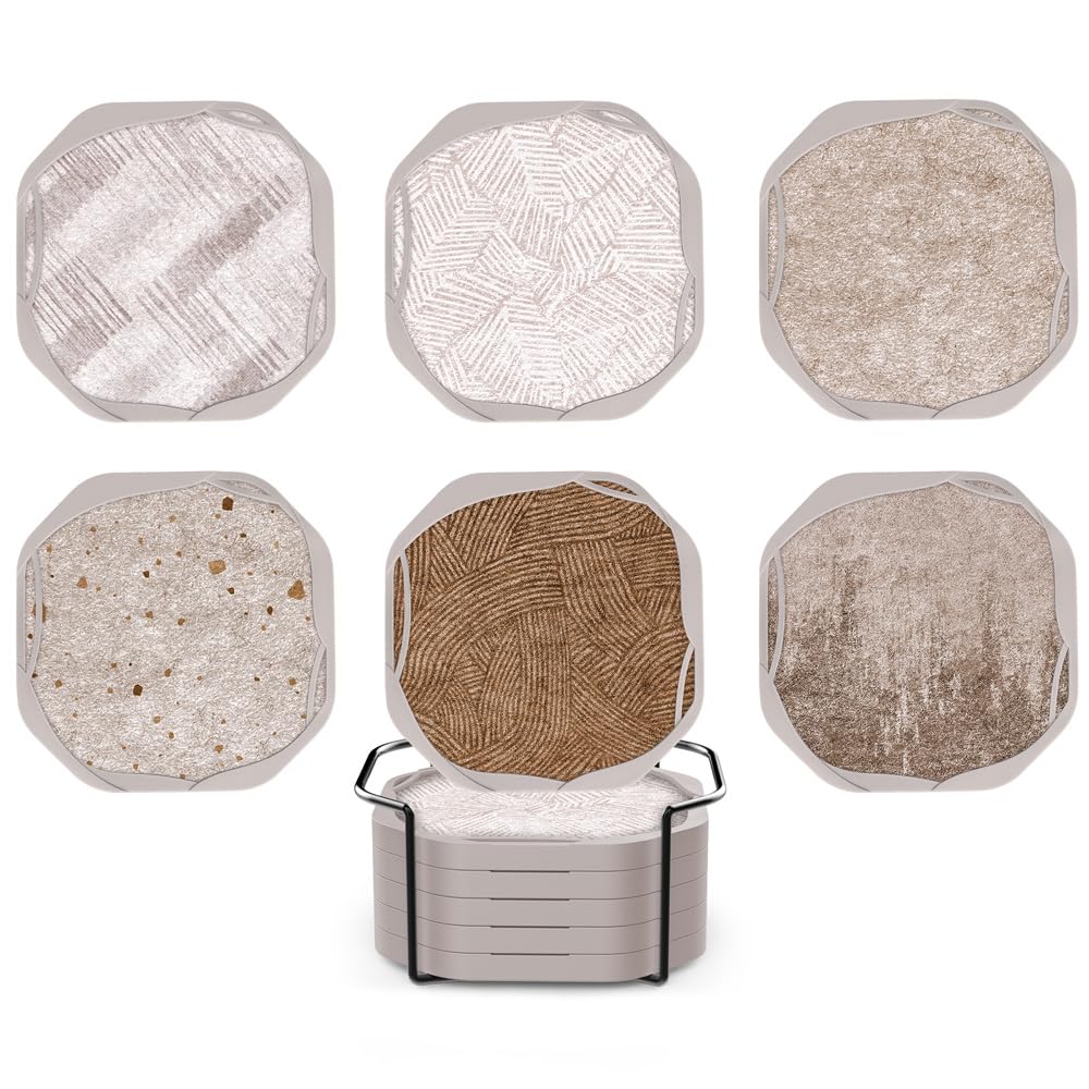 UMIRRO Absorbent Coasters for Drinks with Holder, Silicone Cup Coaster with Felt Insert for Coffee Table Decor, Small Unique Birthday Gift Ideas for Men, Dad, Him, Women Mom, Her, 4", Brown, Set of 6